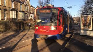 Sheffield Supertram 101 departs Leppings Lane with a Yellow Route Service to Meadowhall Interchange [upl. by Hasin]