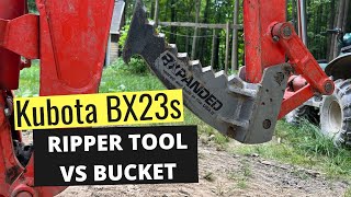 BX23s Kubota Backhoe Bucket vs Ripper Tool on Tree Stumps [upl. by Amimej]