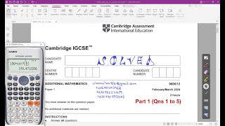 060612FM24  CAMBRIDGE IGCSE ADDITIONAL MATHEMATICS FEBMAR 2024 Paper 12 Part 1 Qns 1 to 5 [upl. by Horton]