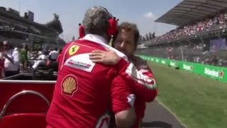 F1 2016 Mexican GP  Maurizio Arrivabene embraces Sebastian Vettel before the race [upl. by Anigal]