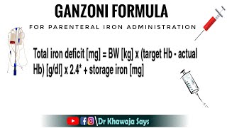 Ganzoni for IV Iron administrationIron deficiency anemiaIron Sucroseiron deficit calculation [upl. by Llecrep]