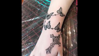 Butterfly Rosary Hand Tattoo 30sec Real time rosarytattoo butterflytattoo blackandgraytattoo [upl. by Demb987]