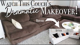 DIY Couch Makeover  How to Reupholster a Sectional Couch  Dramatic Furniture Transformation [upl. by Enneicul722]