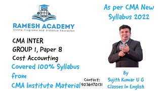 CMA Inter Group 1  Paper 8 Cost Accounting  Cost Accounting Basics in English By Sujith Kumar U G [upl. by Akisej659]