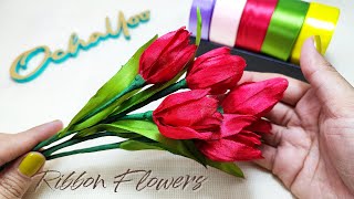 DIY tulips tutorialhow to make satin ribbon flowers tulip [upl. by Oileduab]