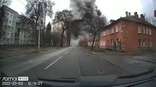 Bomb dropped in front of car captured on dash cam in Chernihiv Ukraine Luck day [upl. by Sucramd]