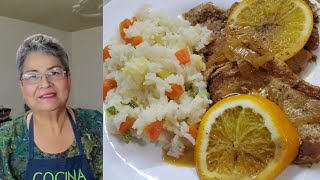 Chuletas de cerdo sin hueso a la naranja y arroz sazonado 🍊🧅🍅 Cocina tutuli [upl. by Sutsuj771]