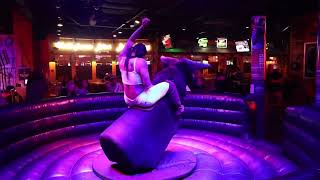 Lynne Welch makes mechanical bull riding look sexy fun and EASY gilleys lasvegas sincitymakeover [upl. by Traweek]