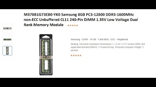 M378B1G73EB0YK0 Samsung 8GB PC312800 DDR31600MHz nonECC Unbuffered CL11 240Pin DIMM 135V [upl. by Eceela]