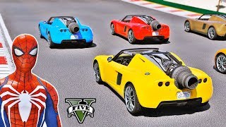 CARROS Foguete na Mega Rampa com Homem Aranha e Heróis  GTA V Mods  IR GAMES [upl. by Beane]