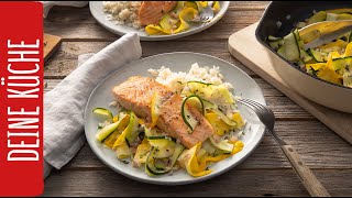 Lachs mit Zucchinigemüse und Reis 🍽️  REWE Deine Küche [upl. by Milman211]