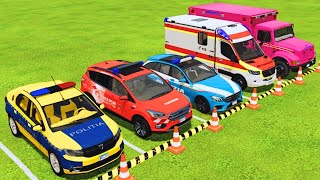 DACIA POLICE vs FIRE ENGINE vs MB POLICE vs MB AMBULANCE vs FIRE TRUCK EMERGENCY TRANSPORTING FS22 [upl. by Willtrude163]