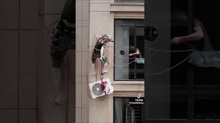 Installing air conditioner outside the building👷 [upl. by Llenrap]