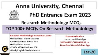 Top 100 MCQs On Research MethodologyPhD Entrance Test At Anna University 2023 [upl. by Ellehcsor215]