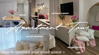 FURNISHED APARTMENT TOUR 485sqft 🎀🪞 how to decorate amp organize small space pinterest inspired [upl. by Colvin38]