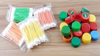 Cotton buds amp Waste plastic bottle caps reuse idea  Best craft idea  DIY cotton buds [upl. by Nerrak]