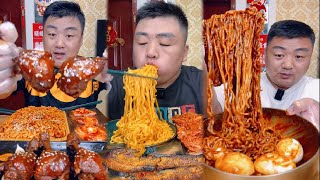 Mukbang  Eating Noodles Sauce Blck Boiled Egg Fried chicken thighs ​Frying Noodles Crispy Prok [upl. by Hillari]