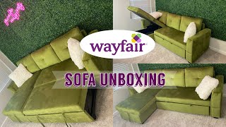 WAYFAIR SOFA BED COUCH UNBOXING  ASSEMBLY  FIRST IMPRESSIONS [upl. by Aienahs]