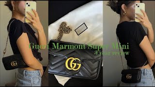 Gucci Marmont Super Mini Review pros cons what fits ways to wear etc super honest [upl. by Nesnah242]