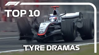 Top 10 Tyre Dramas In F1 [upl. by Arihsaj237]