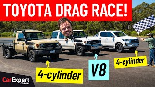 Drag race V8 LandCruiser 70 v 4cyl LandCruiser 70 v 4cyl HiLux roll race and 14 mile times [upl. by Hailed]