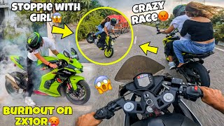 Crazy burnout🔥on Zx10r  Ye ladkii to darr gaye😂 Stoppie with Girl🥵 [upl. by Nohtiek]