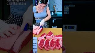 Beautiful woman cuts fresh sirloin steak with knife [upl. by Hedveh]