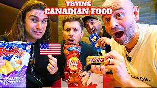 Americans Explore Canadian Grocery Store try KETCHUP chips and POUTINE [upl. by Anyela]