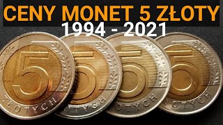 Ceny monet 5 złotych wszystkie roczniki 1994  2021 Notowania Listopad 2021 inflacja [upl. by Anemolihp]