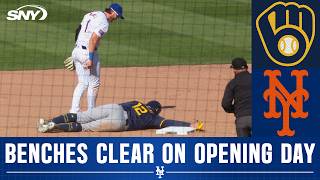 Benches clear as Rhys Hoskins slides into Jeff McNeil during Mets Opening Day vs Brewers  SNY [upl. by Adiaz]