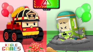 Red VS Green Fire Truck VS Cleaning Car  Poli Cartoon for Kids  KIGLE GAMES [upl. by Magnien83]