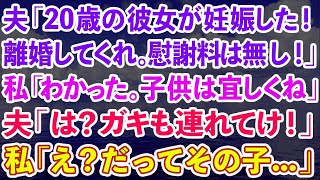 【スカッとする話】夫「ハタチの彼女が妊娠したから離婚してくれ。これから金がかかるから慰謝料は払えない！」私「いいけど子供は宜しくね」夫「は？ガキも連れてけ！」私「え？だってその子 」【感動 [upl. by Croner]