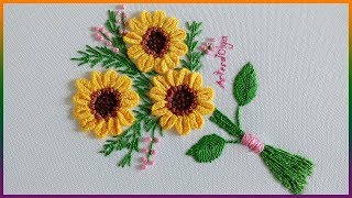 Hand Embroidery Buttonhole Bar Sunflowers  Bordado a Mano Girasoles en Puntada Barra de Ojal [upl. by Seamus923]