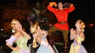 Gaston with his Bimbettes Meets us at Magic Kingdom Private Event ReEnacts Statue Pose [upl. by Carlson131]