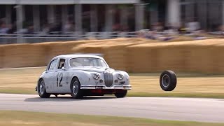 Wheel From Classic Jaguar Comes Off Takes Scary Bounce Into Goodwood Crowd [upl. by Blinny263]