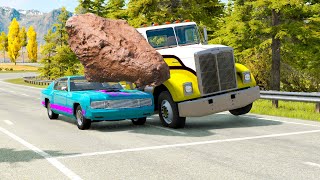 Double Flatbed Trailer Truck vs speed bumps Busses vs speed bumps Beamng Drive №825 [upl. by Ainomar938]