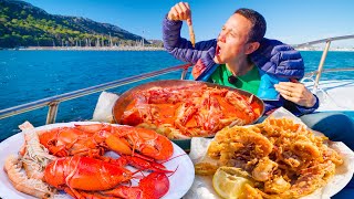 Italian Food in Sardinia LOBSTER  Fried Calamari on a Boat  Sardinia Italy [upl. by Adriena]