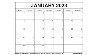 Printable January 2023 Calendar Templates with Holidays  VL Calendar [upl. by Gabler]