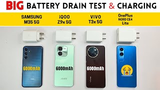 5G BATTERY Drain amp Charging Test 🔋 SAMSUNG M35 5G vs iQOO Z9 vs VIVO T3x vs OnePlus Nord CE 4 Lite [upl. by Sakovich]