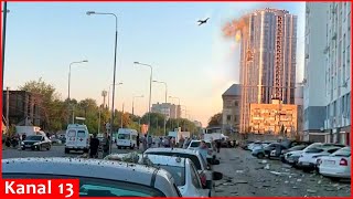 quotIts terrible drones comequot  crashing moment of Ukrainian drone to multistory building in Russia [upl. by Toni]