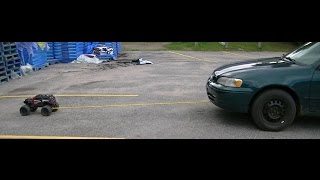 Traxxas Summit Rc attempts to pull and push my 2000 Toyota Corolla [upl. by Pillsbury835]