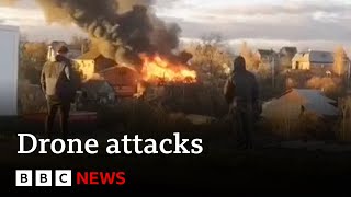 Ukraine and Russia exchange drone attacks  BBC News [upl. by Laven691]