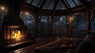 Thunderstorm with Lightnings Rain Crackling Fireplace amp Sleeping Dog and Cats in a Cozy Cabin [upl. by Haram]