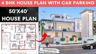 50X40 HOUSE PLAN  4BHK HOUSE PLAN WITH CAR PARKING  50x40 East Facing House Plans Vastu  40X50 [upl. by Eeroc597]