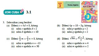 KSSM Matematik Tingkatan 2 Bab 3 rumus algebra jom cuba 31 no3 ad buku teks form2 [upl. by Euseibbob]