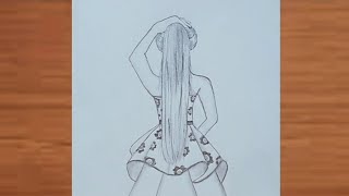 How to draw back side gilr with long hair drawing  Beautiful dress drawing ‎heenaarts5610 [upl. by Zinah]