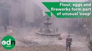 Flour eggs and fireworks form part of unusual coup [upl. by Suhail]