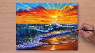 How to Draw a Sunset Seascape  Acrylic Painting for Beginners  STEP BY STEP 22 [upl. by Leahcimdivad]