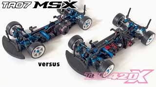 Tamiya TRF420X vs TA07MSX  MidRear Motor vs MidMotor [upl. by Esiuol]