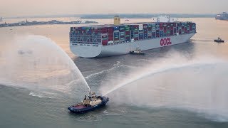 World’s largest container ship OOCL Hong Kongs maiden call at Port of Felixstowe [upl. by Lavona]